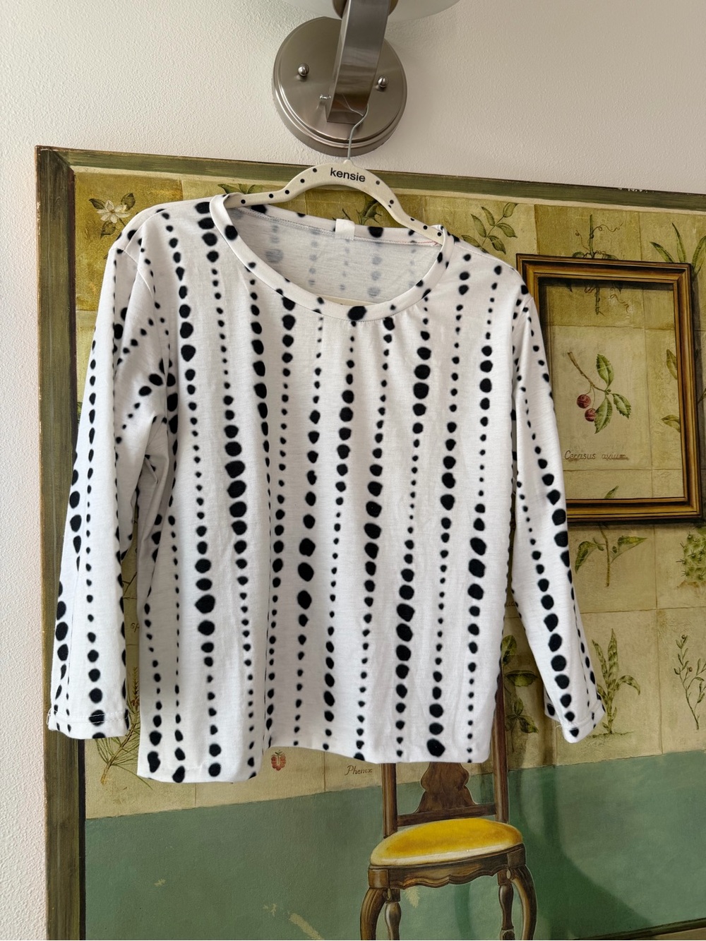 White and Black Dot-Stripe Long Sleeve Tee L